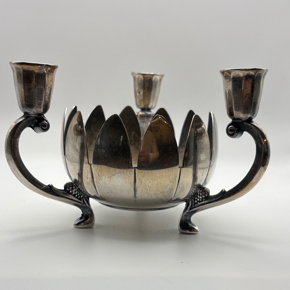 1970s Silverplate FBR Italy EP Brass Lotus Flower Bowl Candle Holder Centerpiece